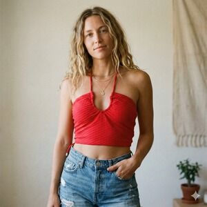 Buffbunny Collection Halter Top Womens‎ XS Red Textured Keyhole Tie Back Swim